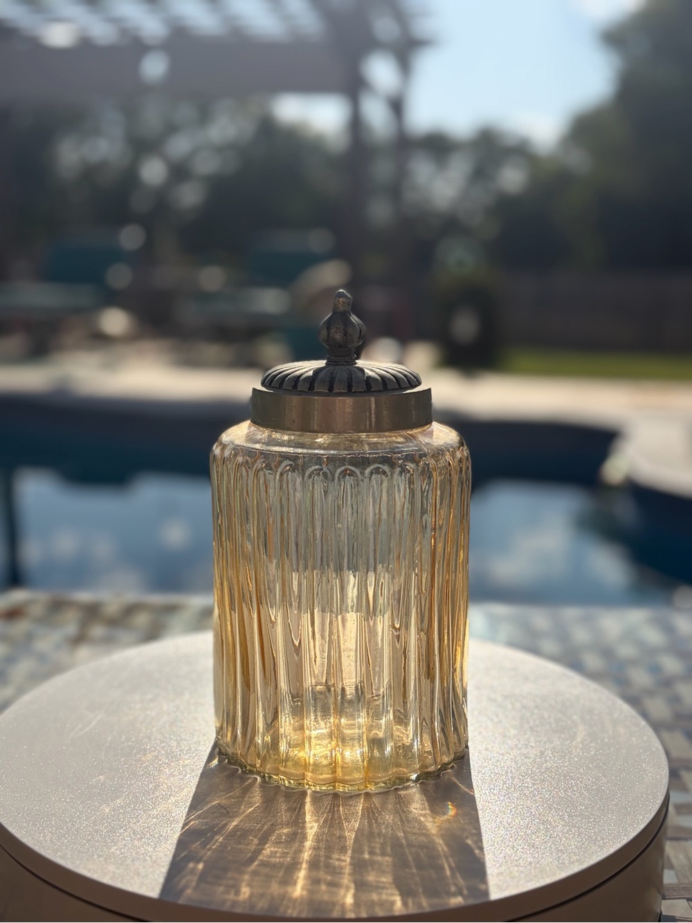 Decorative Amber Glass Jar with Ornate Metal Lid - Home Accents